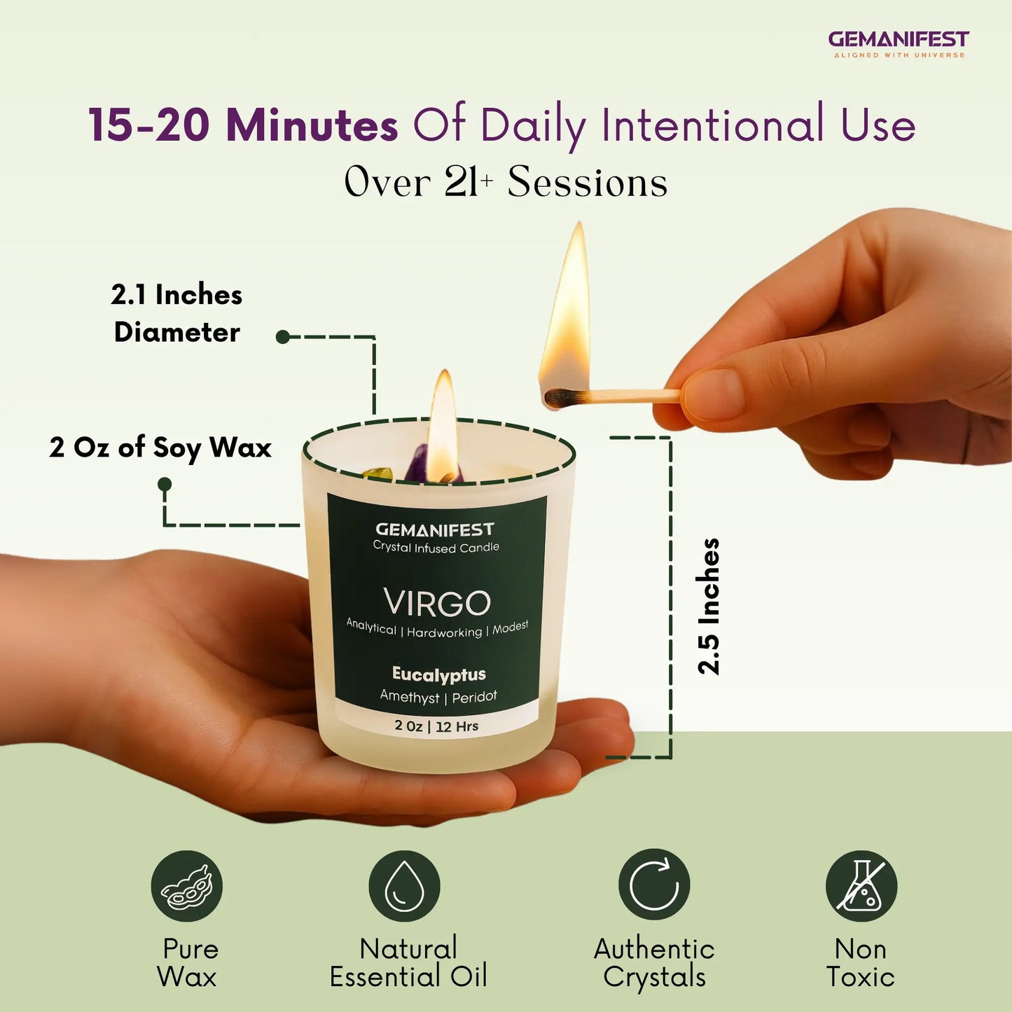 GEMANIFEST Virgo candle being lit with product details on a green background