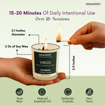 GEMANIFEST Virgo candle being lit with product details on a green background
