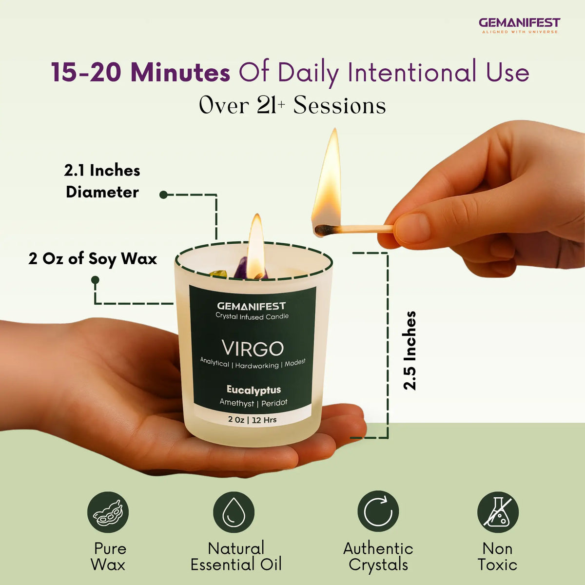 GEMANIFEST Virgo candle being lit with product details on a green background