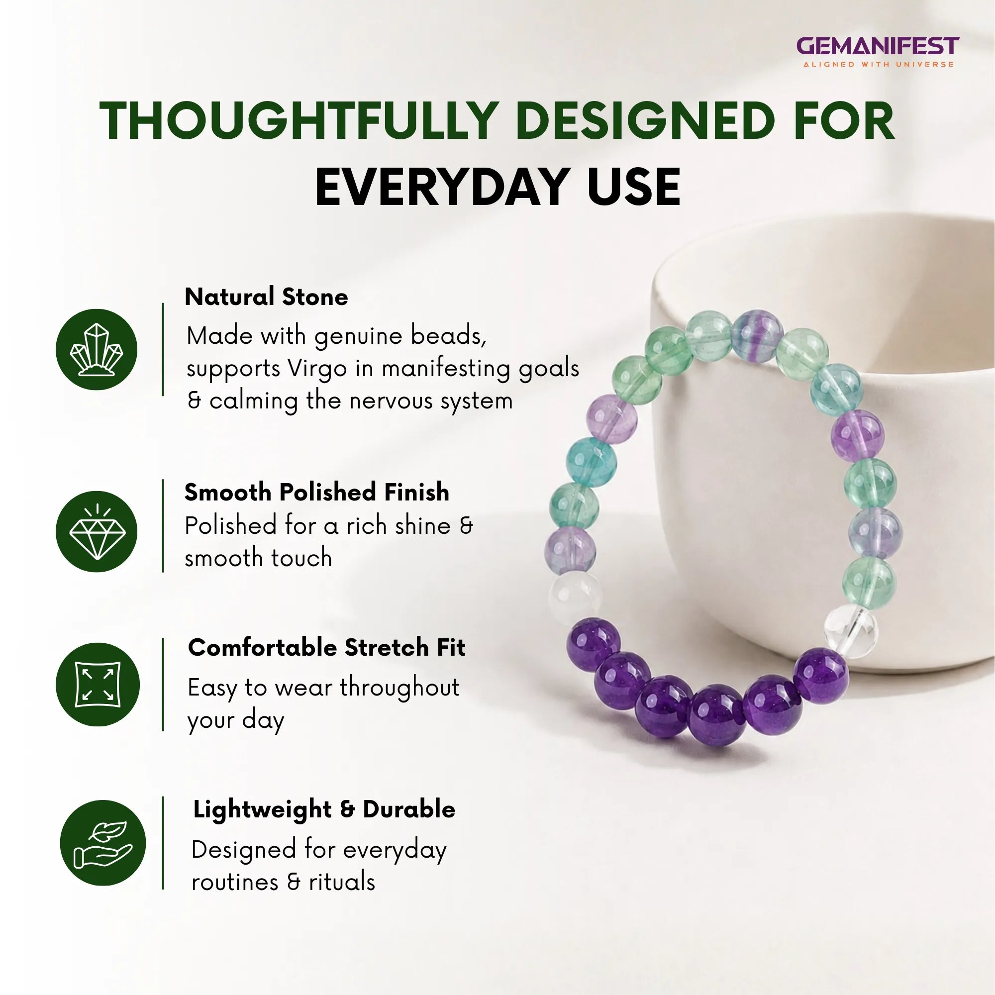 Virgo Zodiac Bracelet with Amethyst & Fluorite for Peace