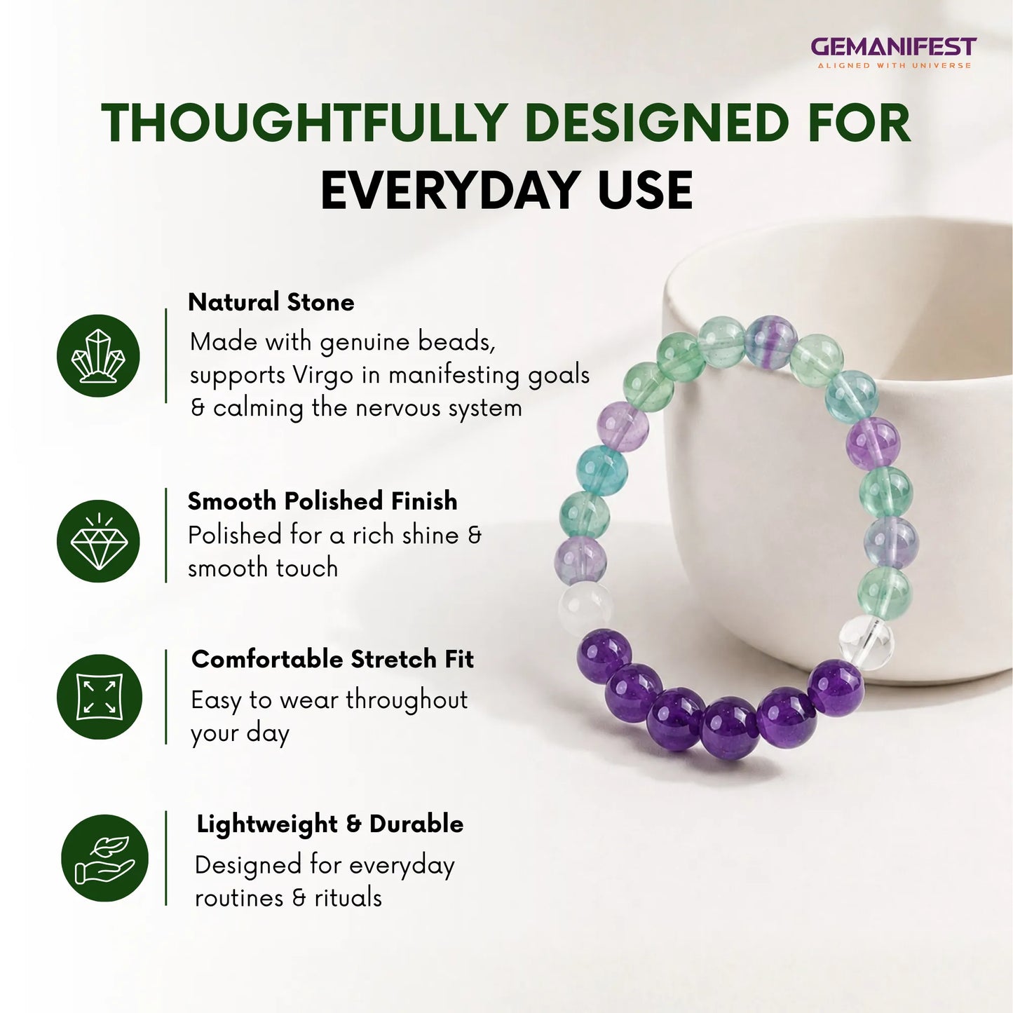 Virgo Zodiac Bracelet with Amethyst & Fluorite for Peace
