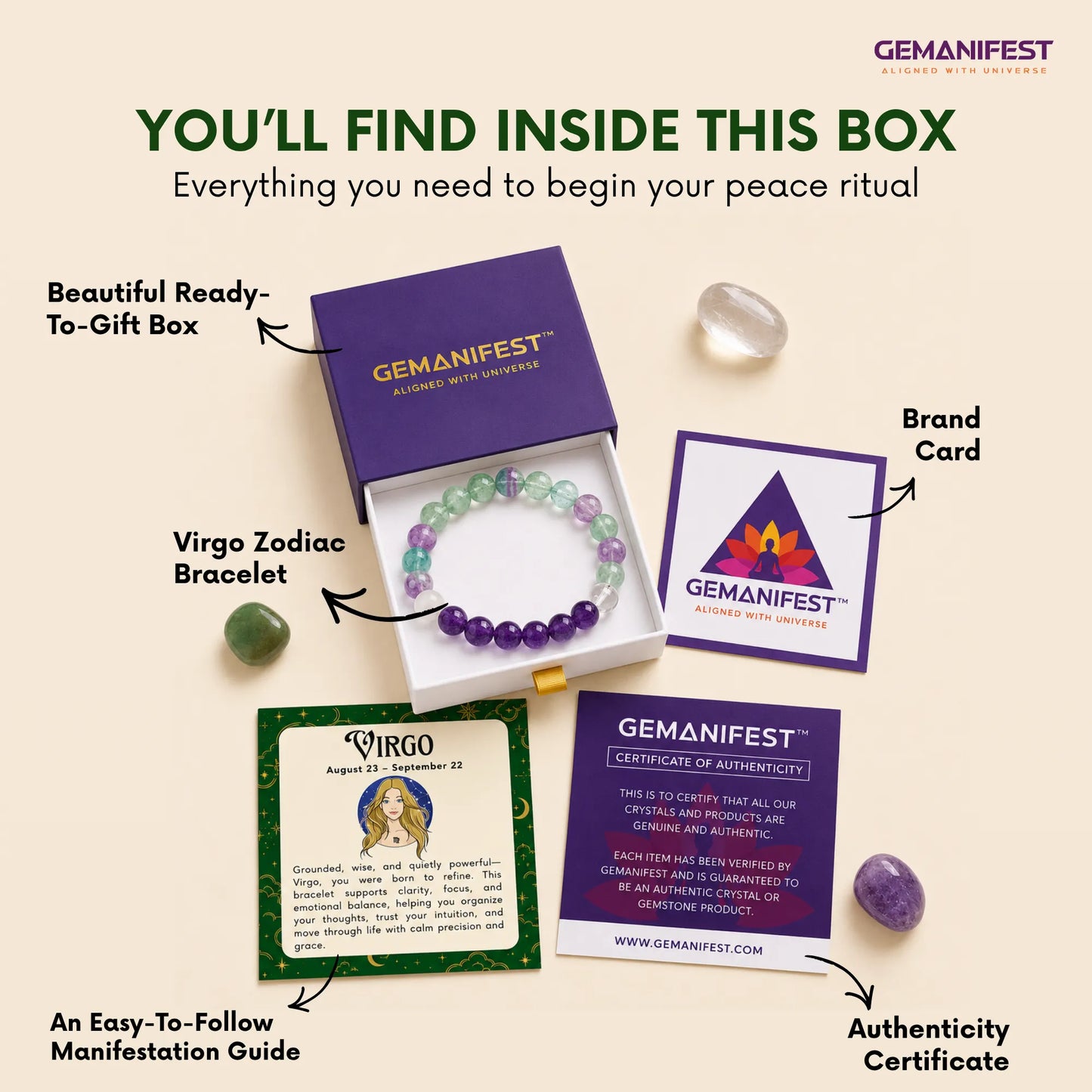 Virgo Zodiac Bracelet with Amethyst & Fluorite for Peace