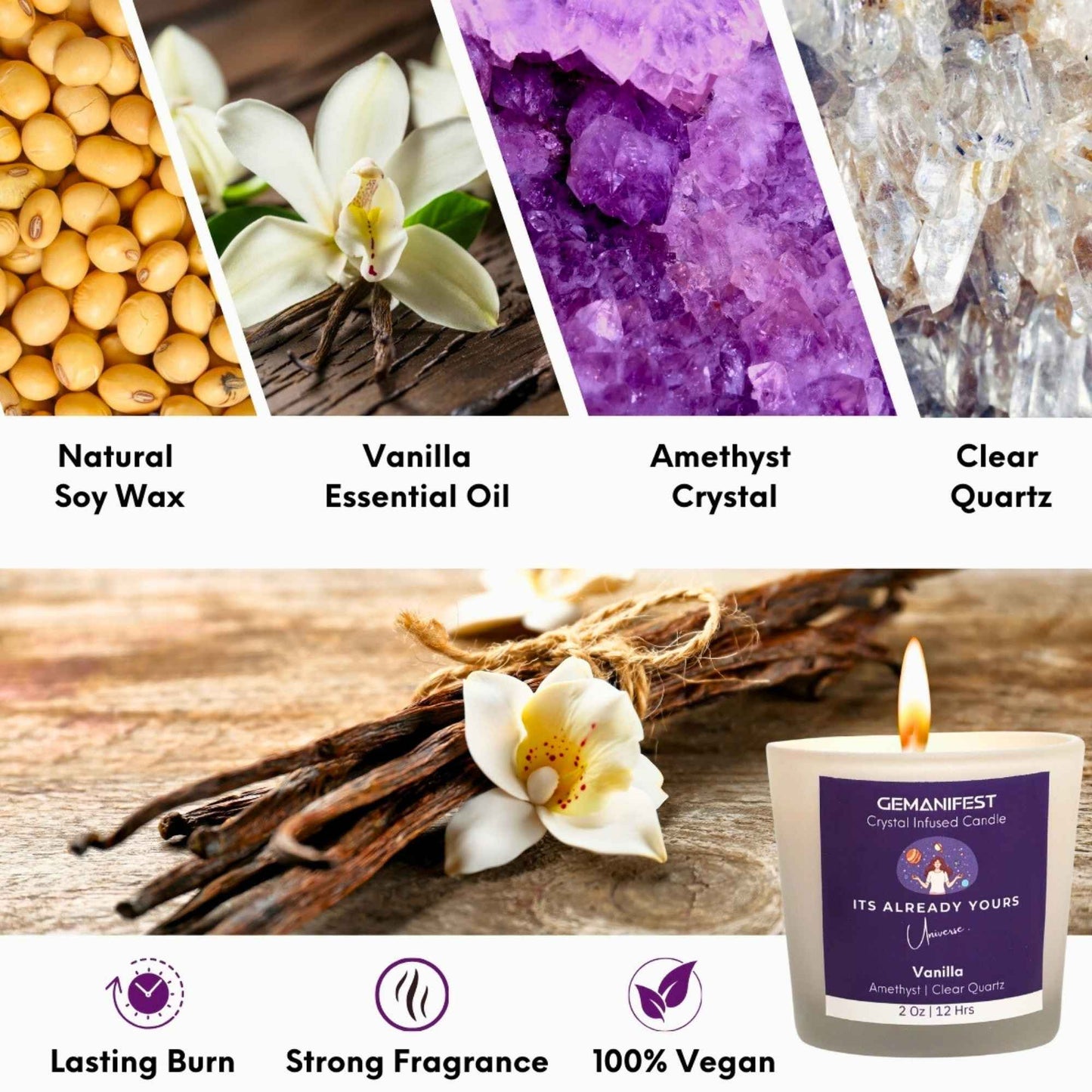 It’s Already Yours Manifestation Candle with Amethyst and Clear Quartz crystals and Vanilla essential oil for abundance and intuition.